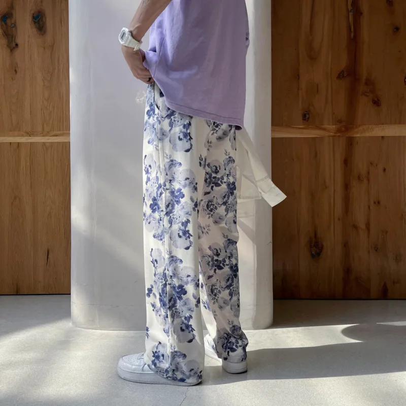 Spring Summer Flower Pants Men's Fashion Printed Casual Pants Men Streetwear Loose Hip-hop Straight Wide-leg Mens Trousers wide leg pants wide leg sweatpants men cargo pants