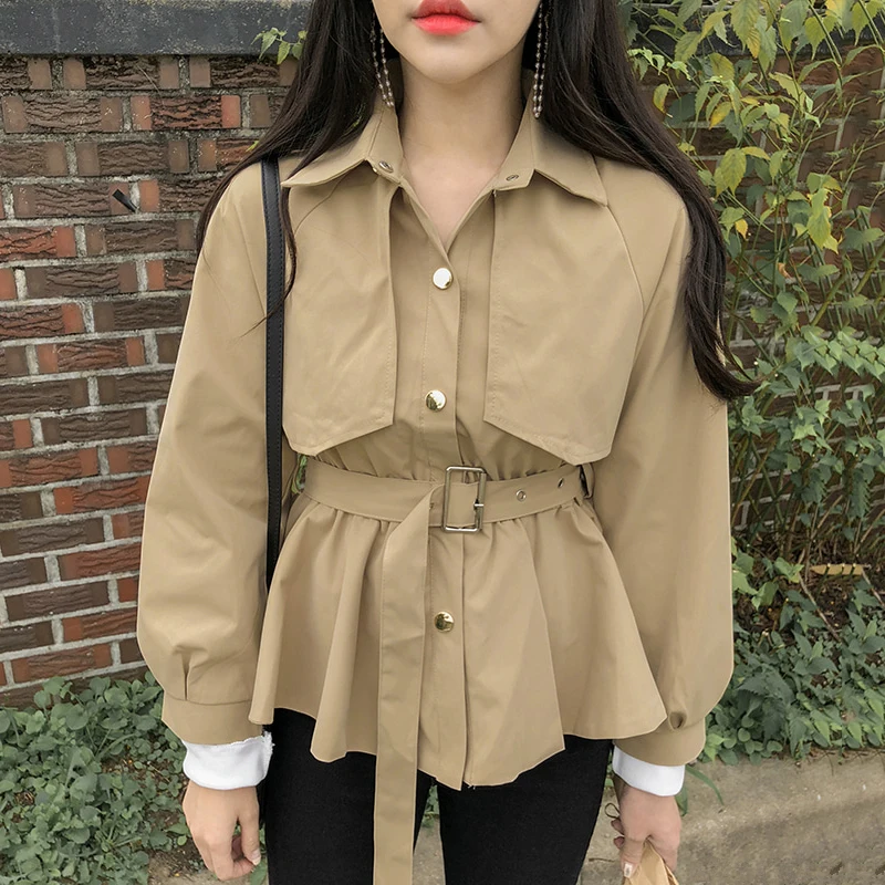 

[EWQ] Safari Style 2019 Autumn Simple Versatile Long Sleeves Small Short Handsome Work Jacket Khaki Trend Coat Feminino QK87901