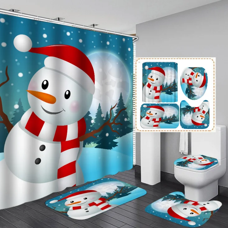 Snowman Christmas Bathroom Shower Curtain Bath Mat Lid Toilet Cover Pedestal Rug 