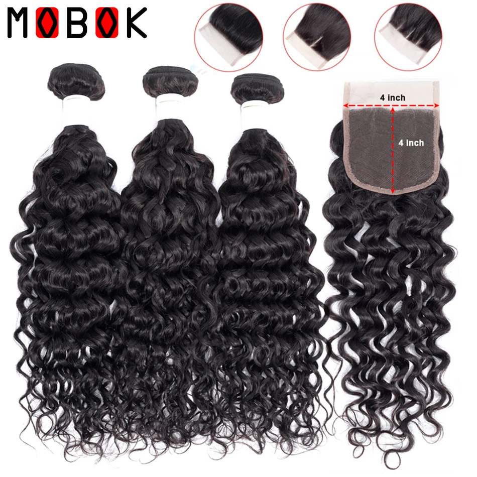 

MOBOK Water Wave Bundles With Closure Brazilian Hair Weave Bundles With Closure Non Remy Human Hair 3 Bundles With Closure