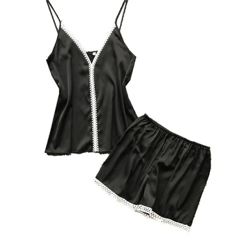 

Sexy suspenders tops shorts pajamas two-piece suit summer new ice silk ladies new arrival pajama party black Night set кингуруми
