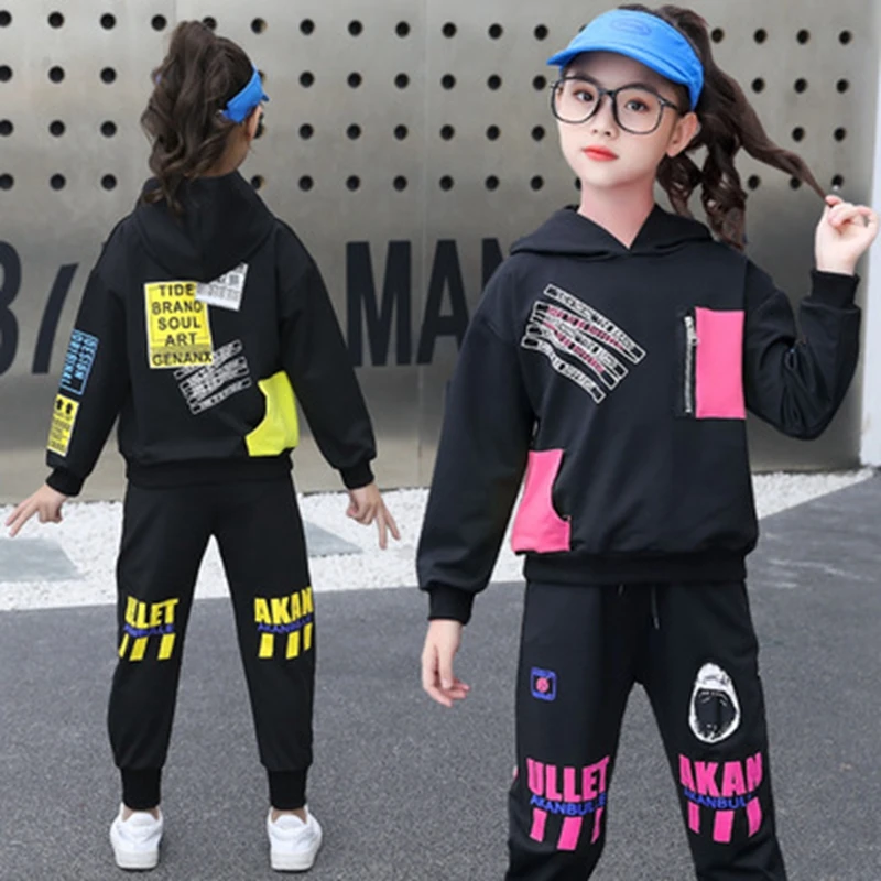 Fashion Girls Clothes Set Teen Tracksuit 2021 Spring Autumn Long Sleeve Hooded 2pcs Children Clothing Suits 6 8 10 12 year | Детская