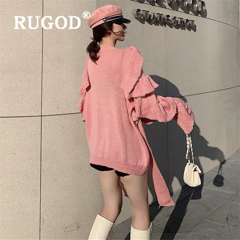 RUGOD свитер с оборками длинный пуловер однотонный джемпер Зимние Топы для женщин трикотаж размера плюс корейский стиль женские Свитера s