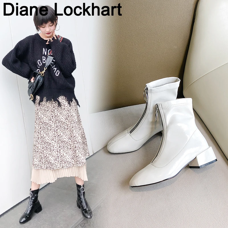 

Faux Leather Ankle Boots Women Winter Chunky Heeled Plush Shoe Woman Chic Shoes Lady White Black Zipper Boot femme bottes 32 43