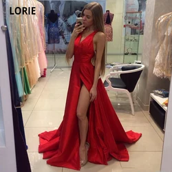 LORIE Simple Satin Red Evening Dresses for Sleeveless Long Formal Prom Party Gowns with Pockets Plus Size 2020 Celebrity Dresses