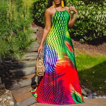 

African Women Summer Party Dress Sexy Halter Backless Green Color Block Polka Dot Printing Long Robe Femme A-Line Beach Tunic