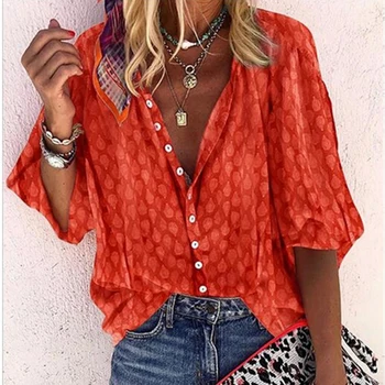 

Fashion Women Long Sleeve Shirt Casual V-neck Loose Tops Spring Autumn Polka Dot Print Lapel Shirts Blouses Plus Size