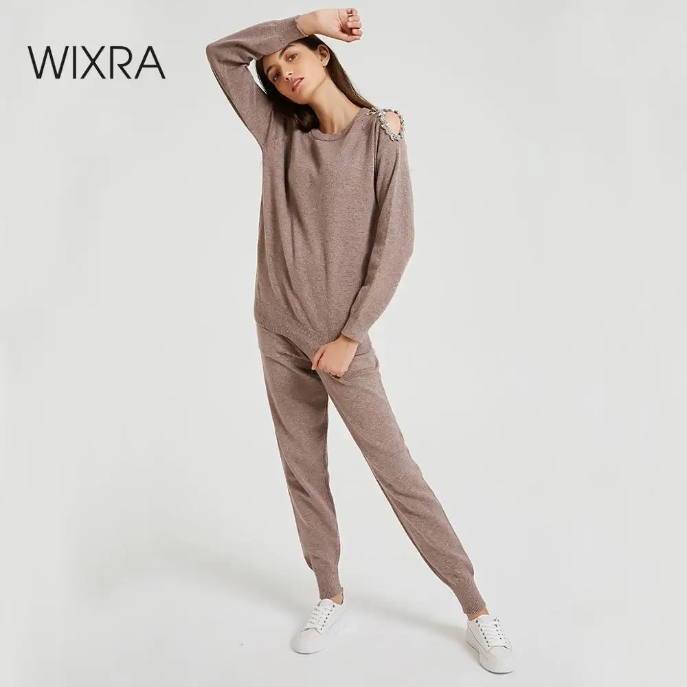 

Wixra Sweater Suit and Sets Casual Knitted Trousers+Jumper Tops Hollow out 2PCS Solid Sets For Ladies Autumn Winter