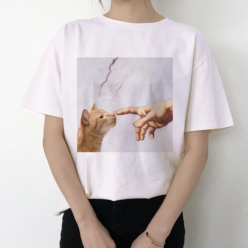 

cat funny women t shirt 2019 Michelangelo korean kawaii ulzzang tshirt female Graphic Short Sleeve print t-shirt O-neck fashion