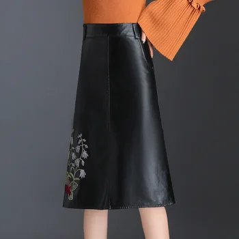 

Floral embroidery Women midi skirt 2019 Autumn winter womens high waist PU leather skirt faldas vintage saias
