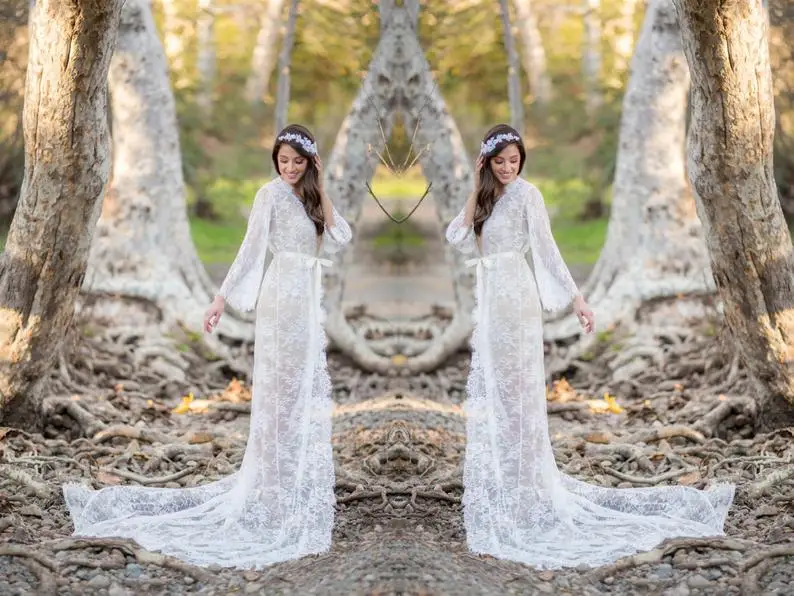 V Neck Lace Night Robes Custom Made Long Sleeves Sexy Plus Size Nightgowns Robes Women Sleepwear