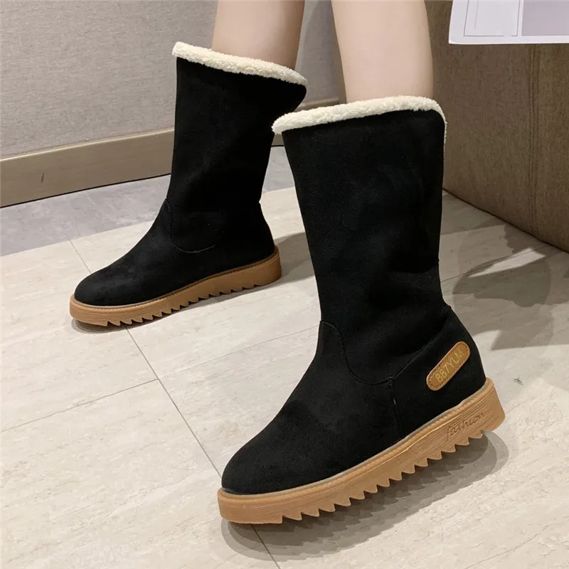 Женские теплые ботинки botte hiver femme однотонные средней длины на плоской подошве с