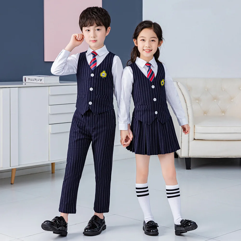 Boys Vest School Uniform Suits Girls Striped Waistcoat Pant Skirt