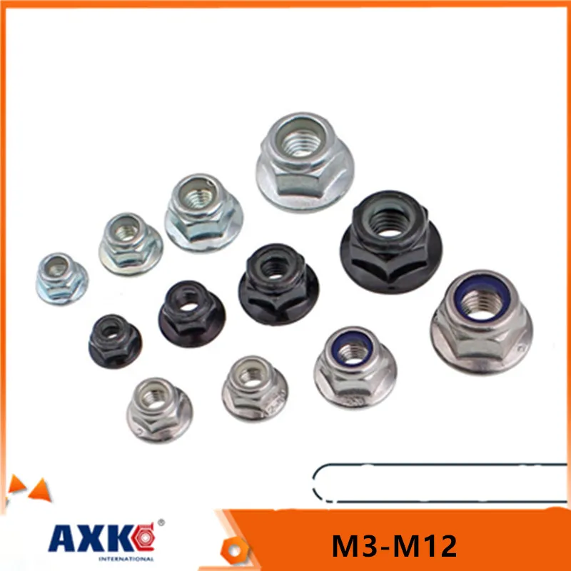 

10/50 M3 M4 M5 M6 M8 M10 M12 Black Carbon 304 A2-70 Stainless Steel Hex Flange Nylon Insert Lock Nut Self-locking Nylock Locknut