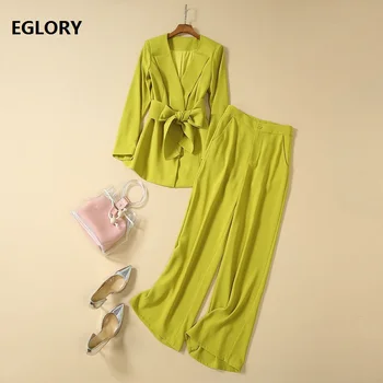 

Two Piece Set 2019 Autumn Jacket Sets Women V-Neck Belt Patchwork Long Sleeve Coat Jacket+Full Length Yellow Pant Set Clothing