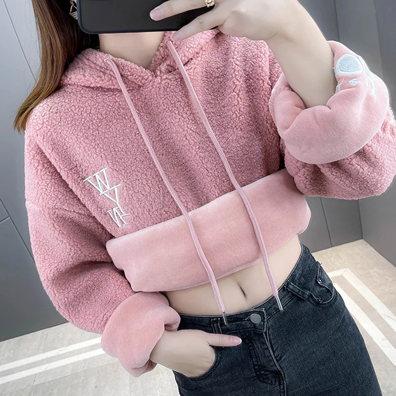 Women Sweatshirts With A Hood 2022 New Winter Thick Female Hoodie Plus Velvet Keep Warm Pocket Letters Korean Style Hot Sale S13