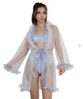 

NEW 2020 Sexy Women Bikini Cover Ups Mesh Sheer See Through Long Flare Sleeve Beachwear Dress Ruffles Cover Ups Swimsuit