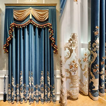 

High-end European-style Flannel Embroidered Curtains Light Luxury Atmospheric Shading for Living Room Bedroom Curtains Custom