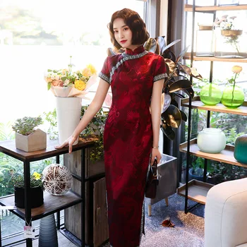 

M-3XL Chinese Style Long Cheongsam Women Elegant Slim Dress Retro High Split Sexy Button Party Evening Qipao Lady Vestido