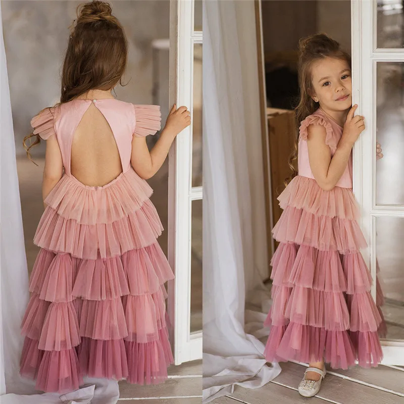 

New Pink Girls Dresses A Line Flower Girl Dress Layered Skirt Sleeveless Kids Pageant Gown Birthday Dress