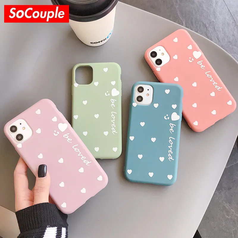 Силиконовый чехол SoCouple с сердечками для iPhone 11 12 Pro X XR XS Max 7 8 6 6s Plus SE карамельного
