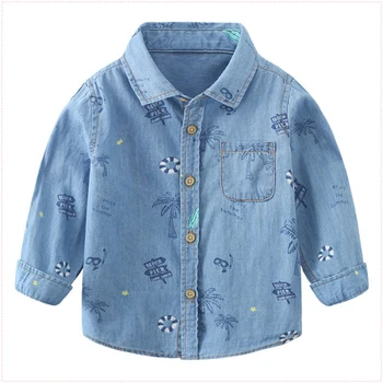 

Boys Jeans Shirt New Hawaiian Turn Down Neck Denim Children Long Sleeve Casual Beach Tops Wild Cotton Blouse For 2 3 4 5 6 Years