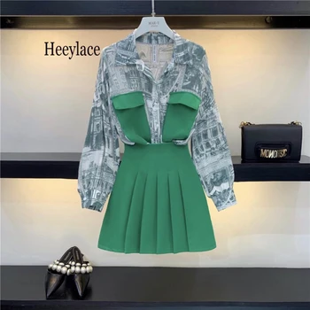 

Fashion Printed Long Sleeve Turn-down Collar Single Breasted Long Shirts+ruched High Waist Mini Skirts Women Autumn 2pcs Sets