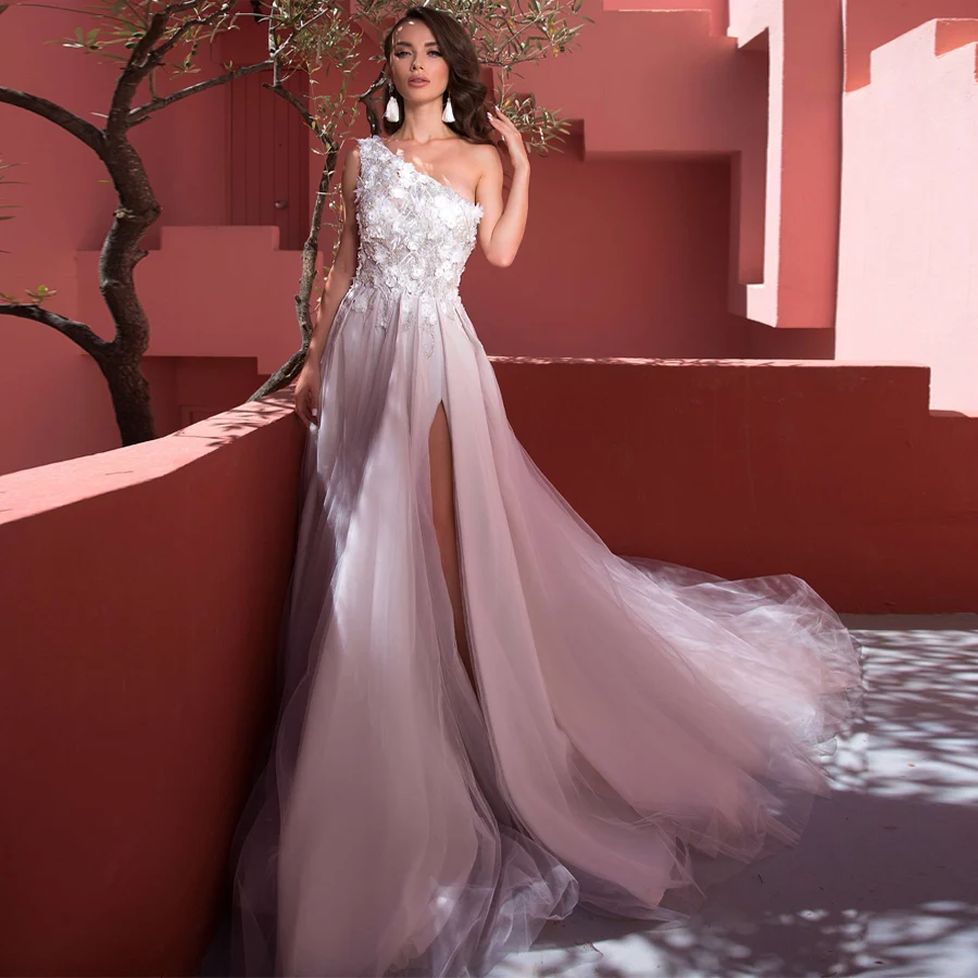 

ADLN One-shoulder Sleeveless Wedding Dresses Bride Gown Ivory Lace Flowers Wedding Gown with High Slit Wedding Dress