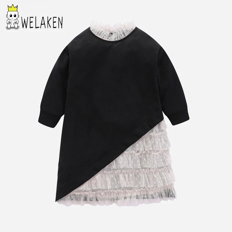 weLaken Lace Mesh Dress For Toddler Girls Stitching Style Long Sleeve Fall Spring Clothes Cotton Soft Wear Children's Clothing | Детская