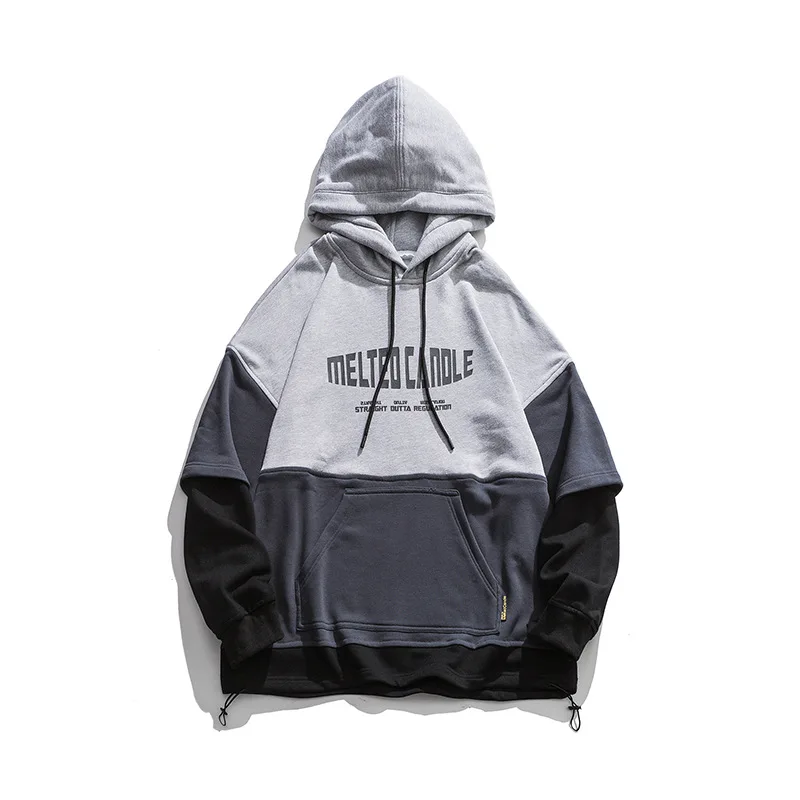 

Japanese Harajuku-Style Panel Hoodie Men's Loose Fake Two-Piece Contrasting Color Oversize Couple's Sweatshirt