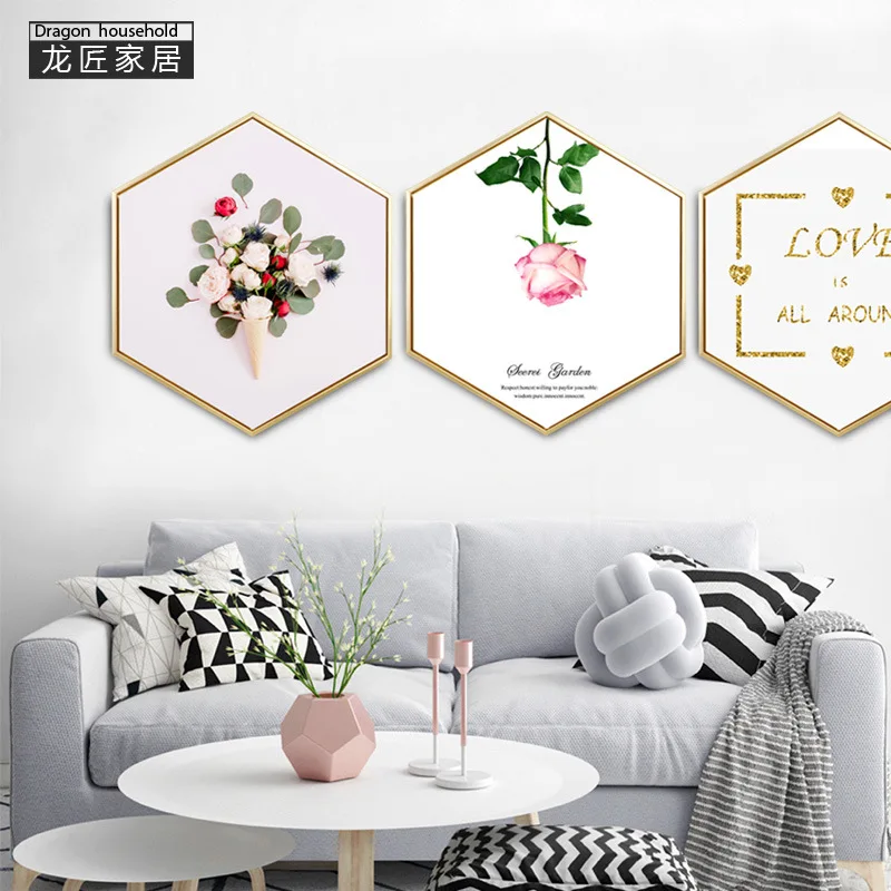 

Longg Decorative Painting Hexagonal Modern Minimalist Bedroom Pink Mural Hipster INS Hanging Painting Secret Garden