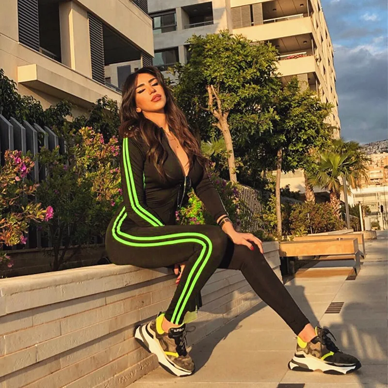 

Women Gym Fashion Casual Fitness Jumpsuit Elastic Skinny Long Romper Side Striped Patchwork Turtleneck Bodysuit