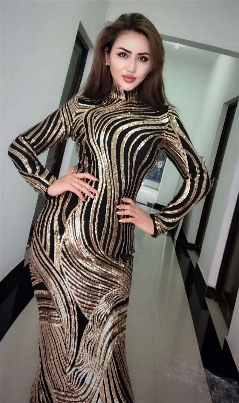 Знаменитостей с длинным рукавом золотые блестки щель Bodycon Midi женское платье ночные вечерние платья