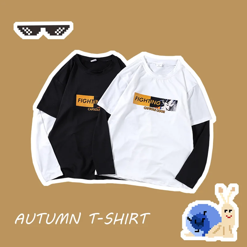 

Autumn And Winter Cartoon Joint Mock Two-Piece Crew Neck Long-sleeved T-shirt Male STUDENT'S Loose And Plus-sized Tops Versatile