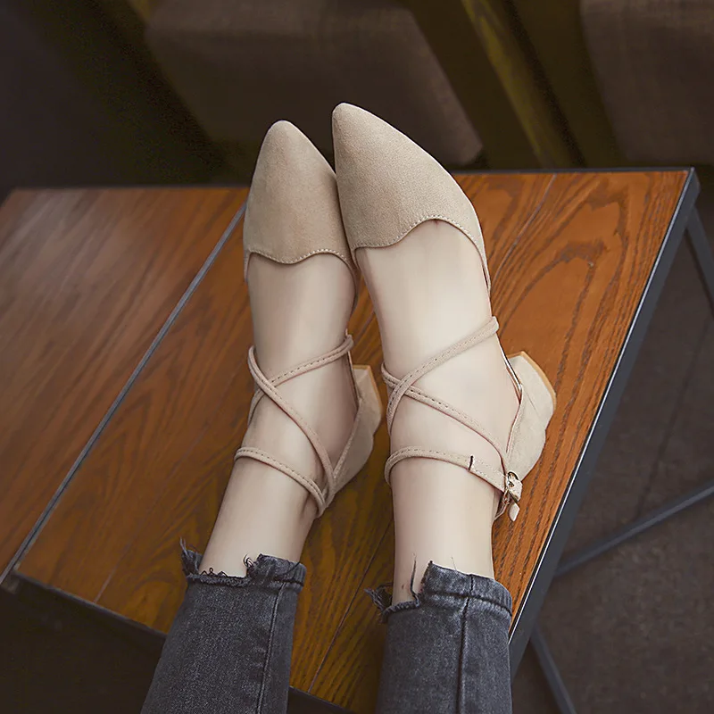 

Spring And Summer Chunky Heel Pointed Straight-line Buckle Shoes Women's Suede Cross Straps Low-top Shoes Women's Low Heel Hallo