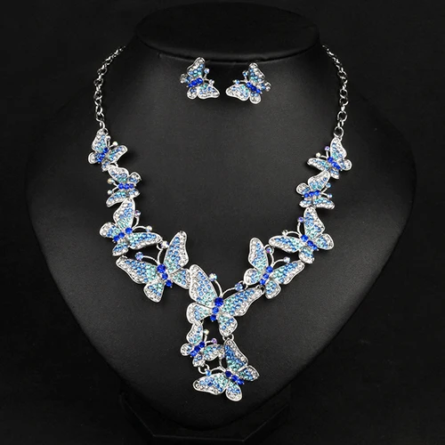 Новые Элегантные наборы свадебных ювелирных украшений с бабочками, серьги-капли, индийское массивное ожерелье, набор свадебных украшений для женщин - Окраска металла: blue in silver