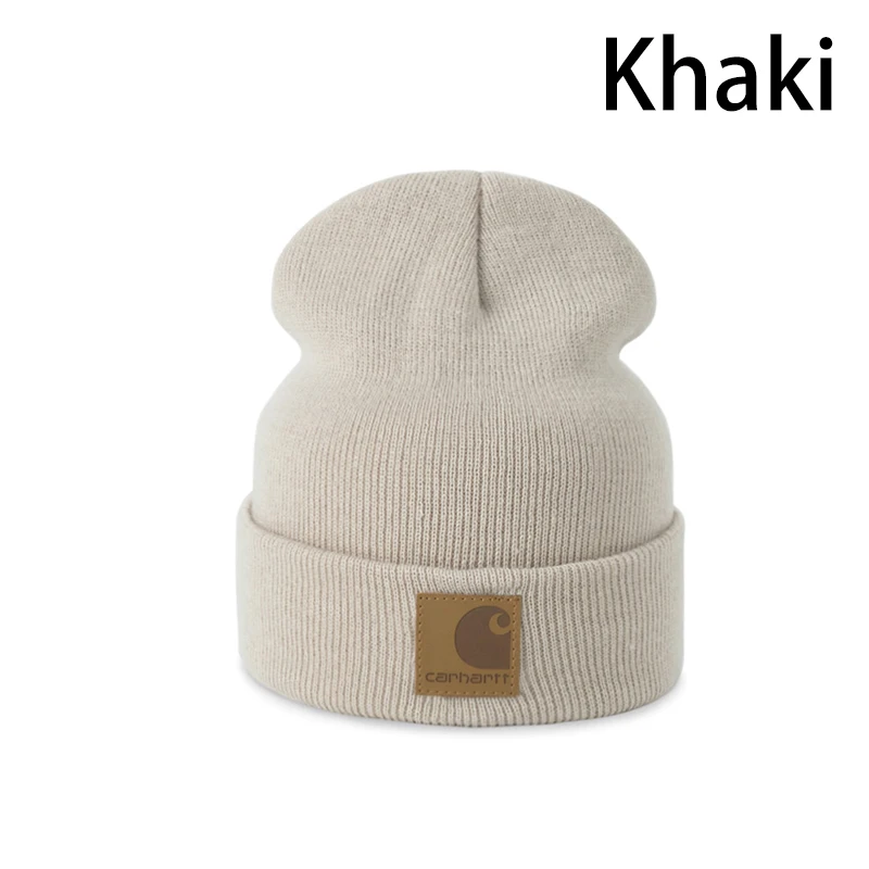 Leather label khaki 16 видов стилей, зимняя шапка для девочек, Высококачественная женская шапка, мужская вязаная шапка с буквенным узором, простая однотонная шерстяная теплая шапка Skullies - Цвет: Leather label khaki