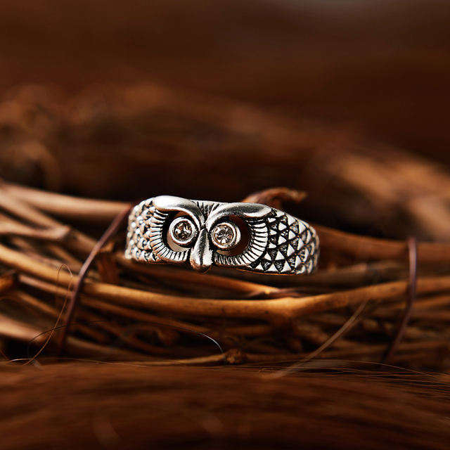 Vivid Cute Cat Eyes Owl Ring Resizable Design Men Women  Wedding Fingle Accessories Vintage Silver Color Open Rings Jewelry