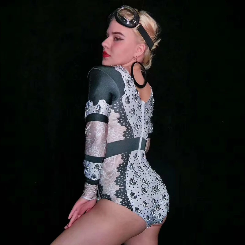 Roupa Feminina комбинезон со стразами для ночного клуба, спандекс, женское вокальное шоу, платье с длинными рукавами, Женский костюм для танцев GoGo VDB1005