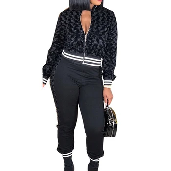 

Autumn Winter Casual Two Piece Sets Women Striped Scratch Zipper Coat High Waist Pants Outfits Plus Size Balck Flower Pink Suits