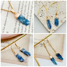 Trendy Elegant Natural Stone Jewelry Set For Women Kyanite Golden Rim Earrings Golden Chain Necklace Fashion Jewelry Set Gift