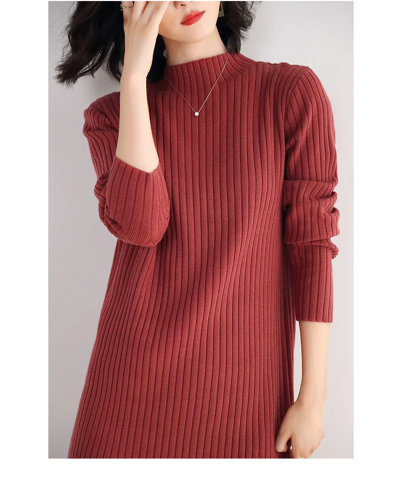 INNASOFAN knitted dress women Autumn Winter long-sleeved dress Euro-American fashion elegant half-high collar dress solid color