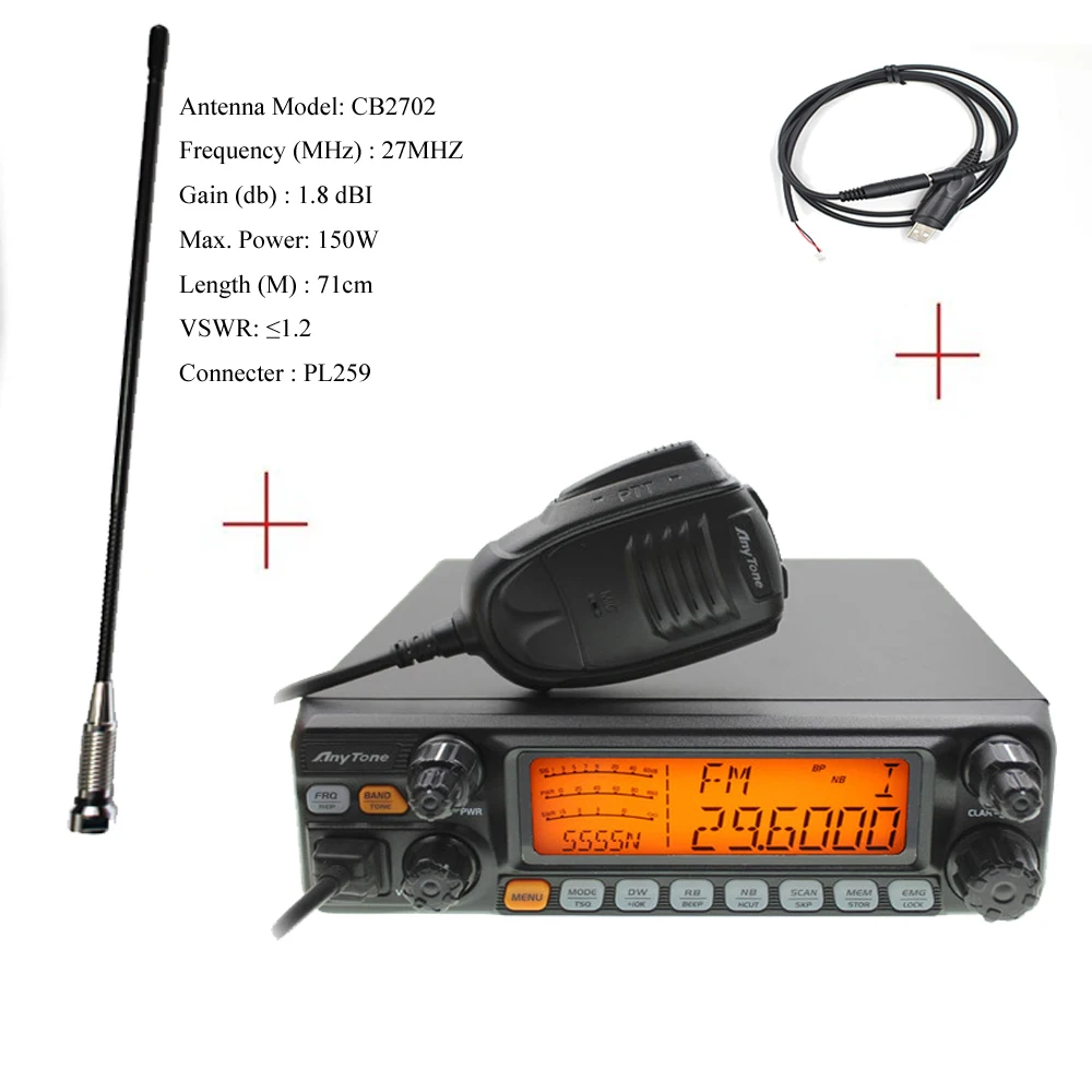 CB радио ANYTONE AT-5555N 25,615-30,105 Mhz 40 канальный Мобильный приемопередатчик AT555N AM/FM/SSB 11 метров радио - Цвет: AT-5555N-USB-ANT