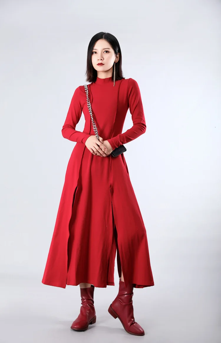 [EAM] Women Dress New Stand Neck Long Sleeve Loose Fit Split Joint Spliced Sheath Temperament Fashion Spring Autumn JZ343