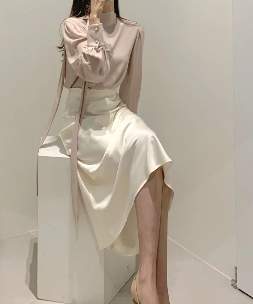 Осенний Элегантный комплект из 2 предметов с юбкой, Женская однотонная блуза с длинным рукавом и длинная юбка с высокой талией, офисный женский костюм для работы