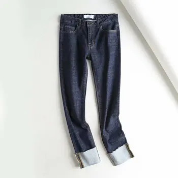 

Women Dark Blue Elastic Denim Ankle Length Pants 2020 Summer Lady Fashion Mid Waist Jeans Pants