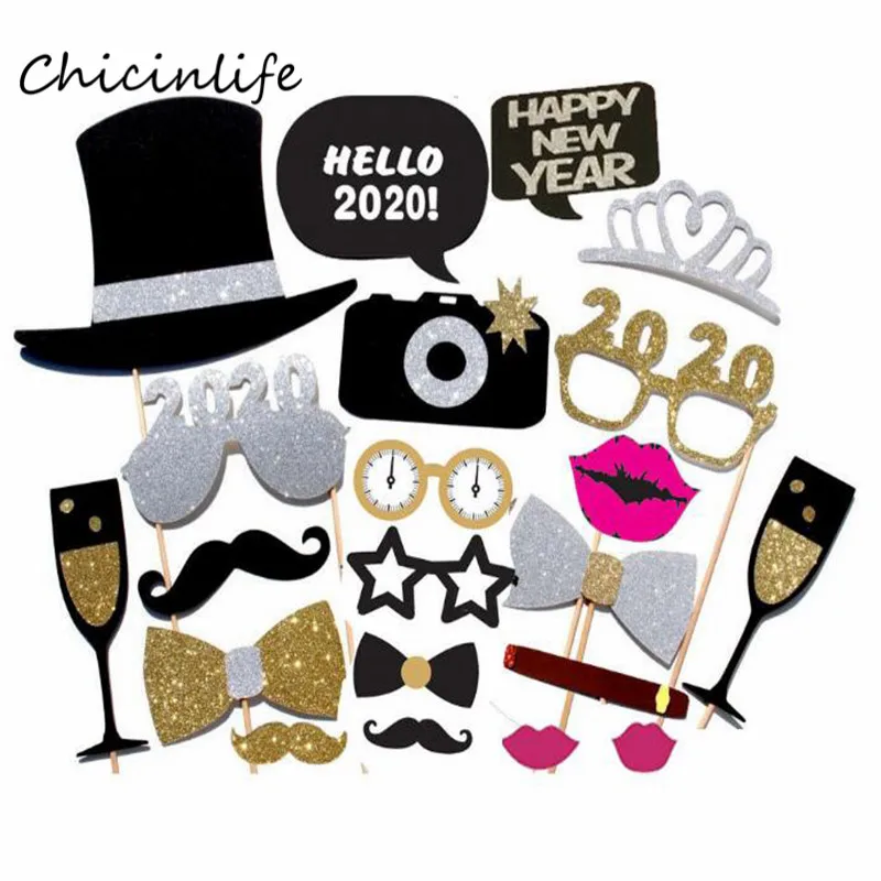 

Chicinlife 1set Happy New Year Photo props 2020 photo Booth Props Christmas New Year Party Decoration New Year Supplies