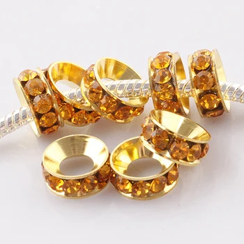 

Wholesale 100pcs Gold Color Rhinestone Crystal Gold Color Metal Spacer Big Hole Charm Beads For Making Jewelry European Bracelet