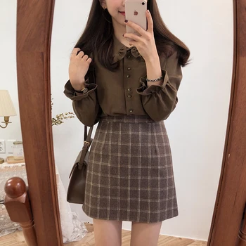 

Korea Autumn Winter A Word High Waist Sweet Retro Woolen Bag Hip Skirt