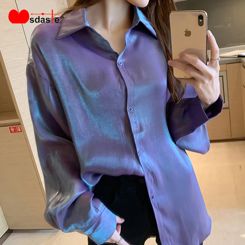 

Blouses Women Autumn Fashion Button Up Satin Silk Shirt Vintage Blouse Women White Lady Long Sleeves Female Loose Street Shirts